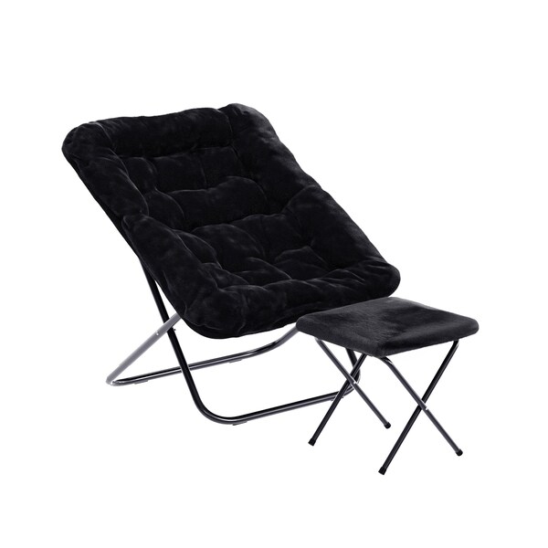 Flash Furniture Archer 28-in Oversized Faux Fur Folding Saucer Chair w/Folding Ottoman, Black Faux Fur/Black Frame FV-FSC-027-FR-BK-BK-GG - main